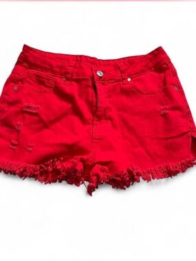 Women’s Red Frayed Hem Denim Shorts